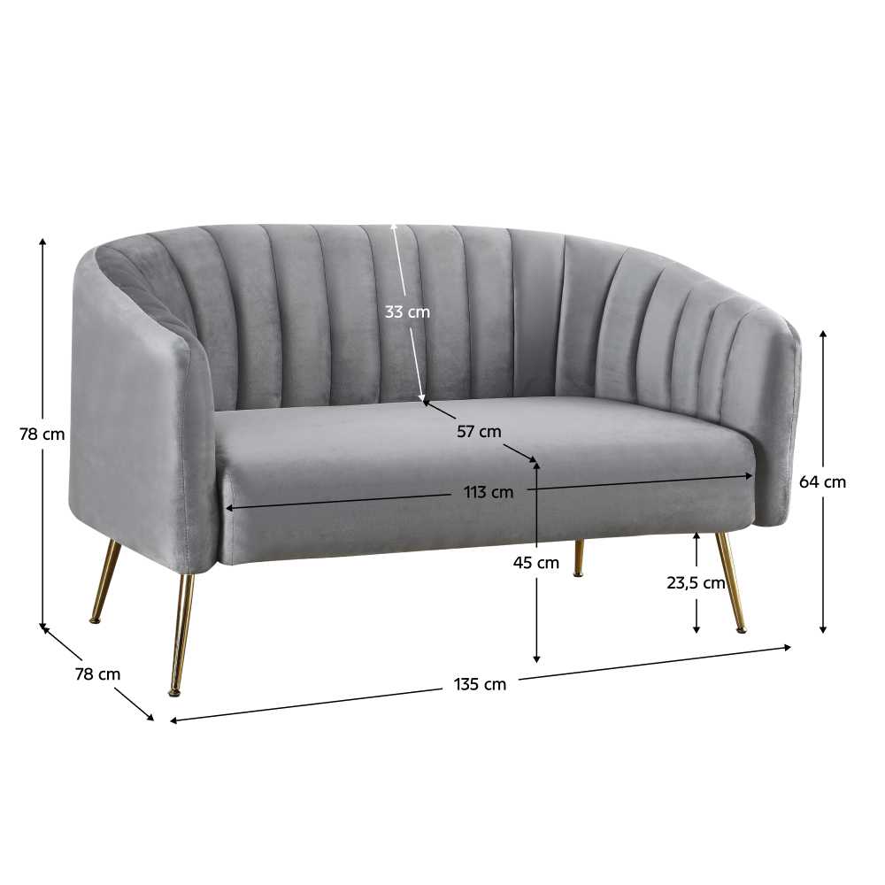 Canapea de design cu 2 locuri, ţesătură Velvet gri/gold crom-auriu, BAGY