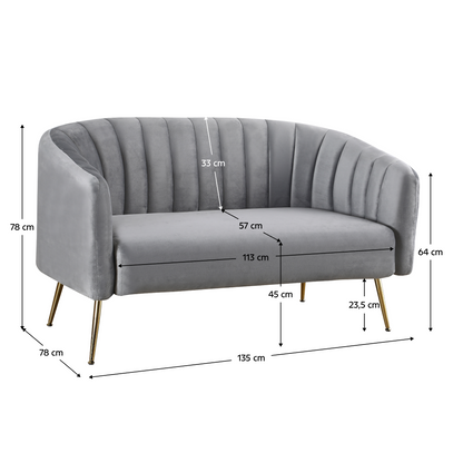 Canapea de design cu 2 locuri, ţesătură Velvet gri/gold crom-auriu, BAGY