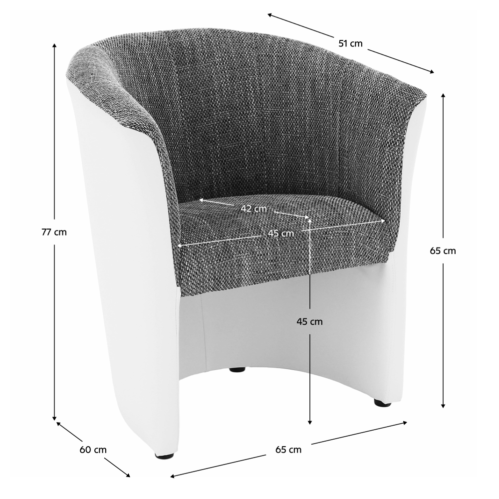 Fotoliu de club, piele eco alb/material gri, CUBA