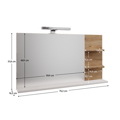 Oglindă cu iluminare LED, alb/stejar artisan, CUBO CUB04