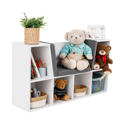 Bibliotecă pentru copii cu scaune, alb/gri, FERIA