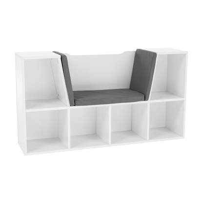 Bibliotecă pentru copii cu scaune, alb/gri, FERIA