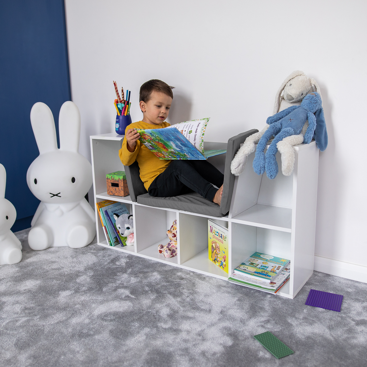 Bibliotecă pentru copii cu scaune, alb/gri, FERIA