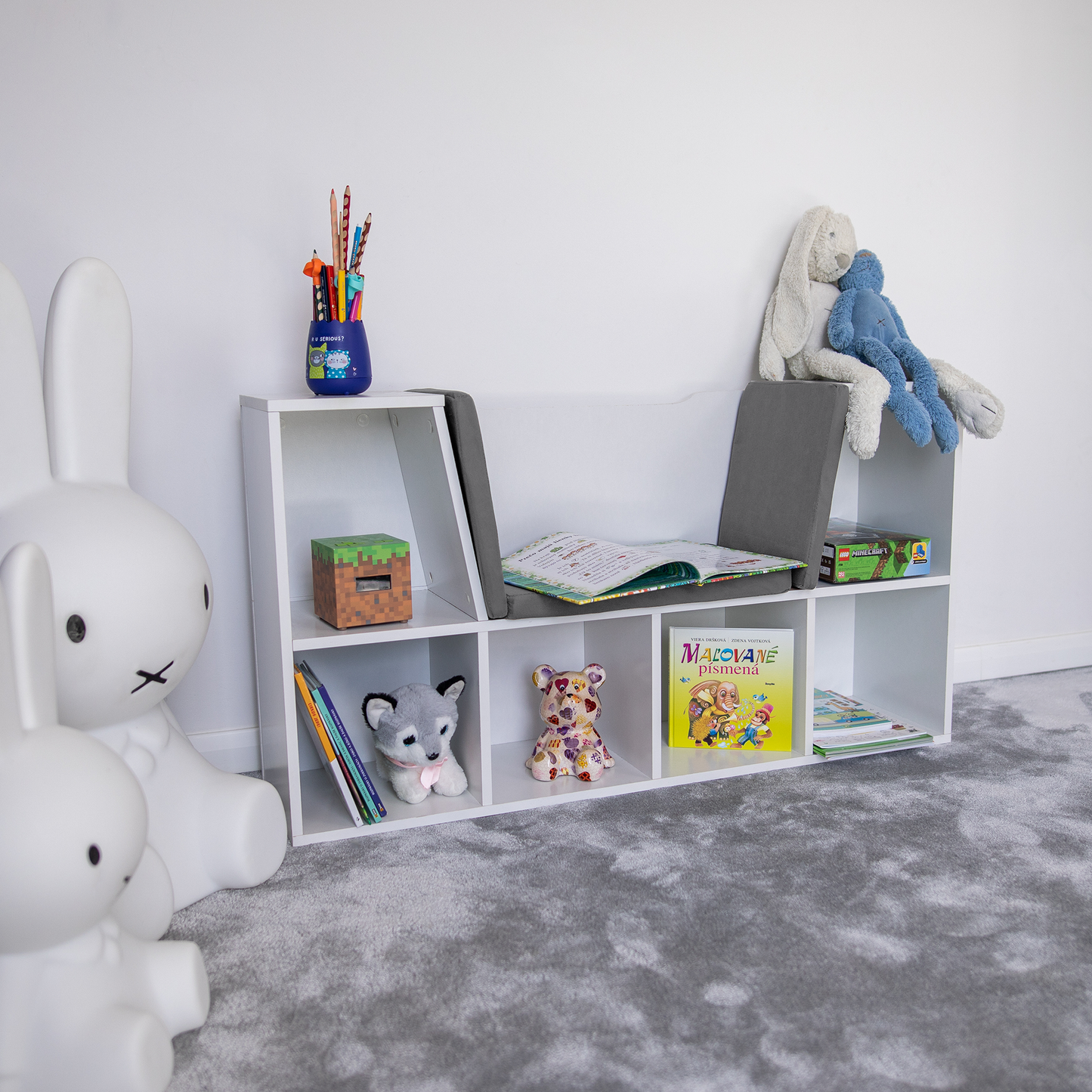 Bibliotecă pentru copii cu scaune, alb/gri, FERIA