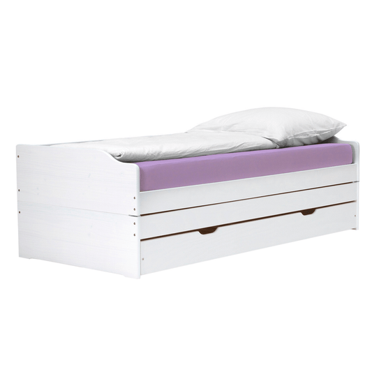Pat cu module suplimentare extensibile, culoare albă, lemn masiv, 90x200, FLOPY