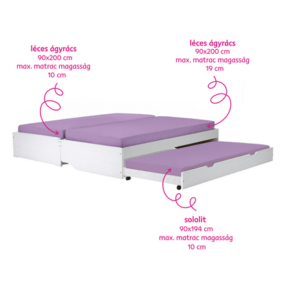 Pat cu module suplimentare extensibile, culoare albă, lemn masiv, 90x200, FLOPY