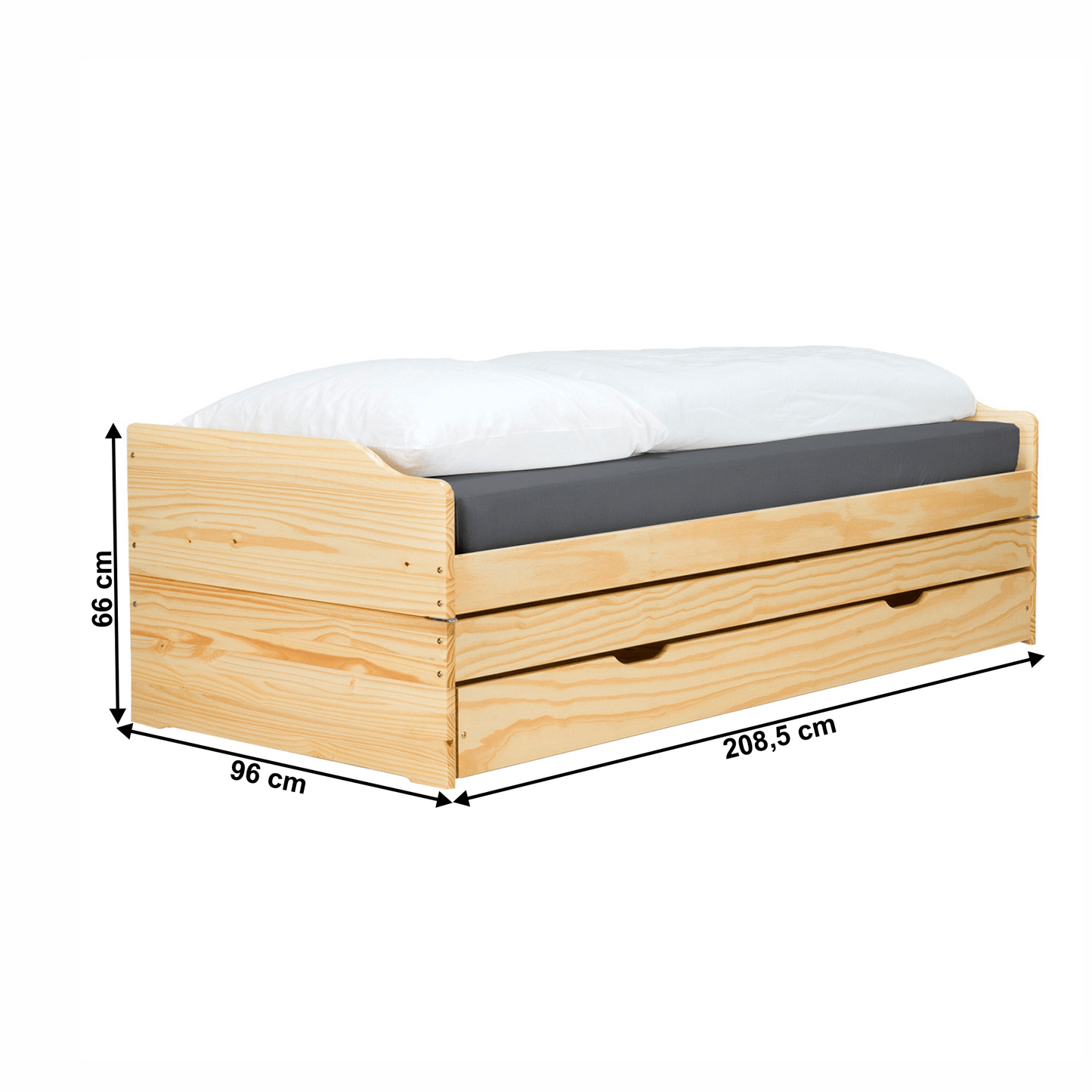 Pat cu module suplimentare extensibile, culoare naturală, lemn masiv, 90x200, FLOPY