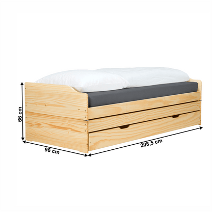 Pat cu module suplimentare extensibile, culoare naturală, lemn masiv, 90x200, FLOPY