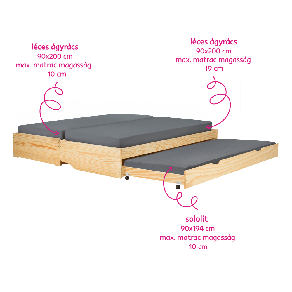 Pat cu module suplimentare extensibile, culoare naturală, lemn masiv, 90x200, FLOPY