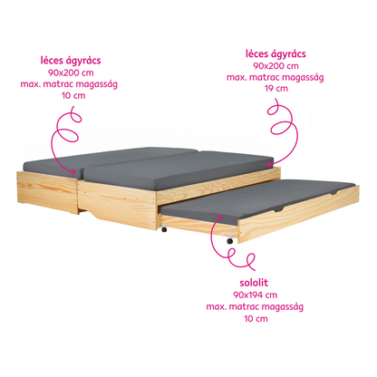 Pat cu module suplimentare extensibile, culoare naturală, lemn masiv, 90x200, FLOPY