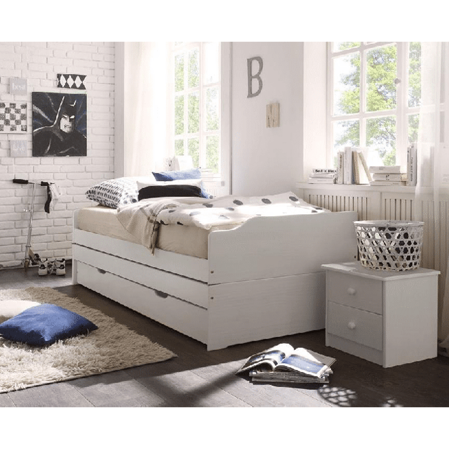 Pat cu module suplimentare extensibile, culoare albă, lemn masiv, 90x200, FLOPY
