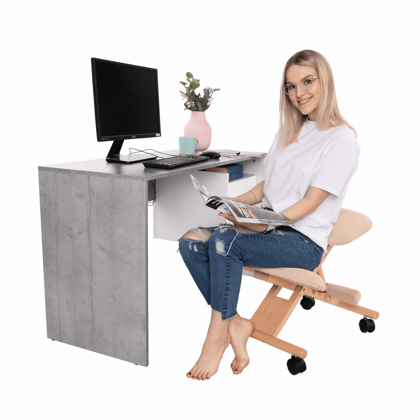 Scaun tip kneeling ergonomic, crem / fag, GROCO