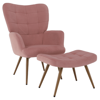 Fotoliu cu suport pentru picioare, ţesătură Velvet roz/stejar, HABEN