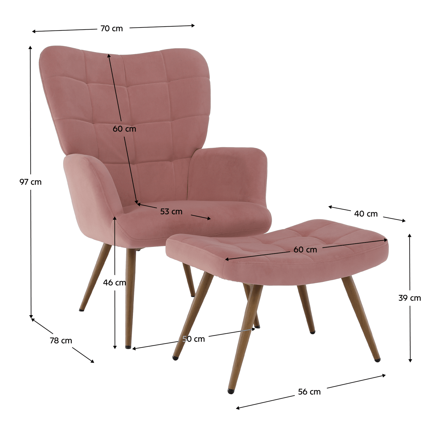Fotoliu cu suport pentru picioare, ţesătură Velvet roz/stejar, HABEN
