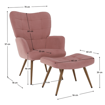 Fotoliu cu suport pentru picioare, ţesătură Velvet roz/stejar, HABEN