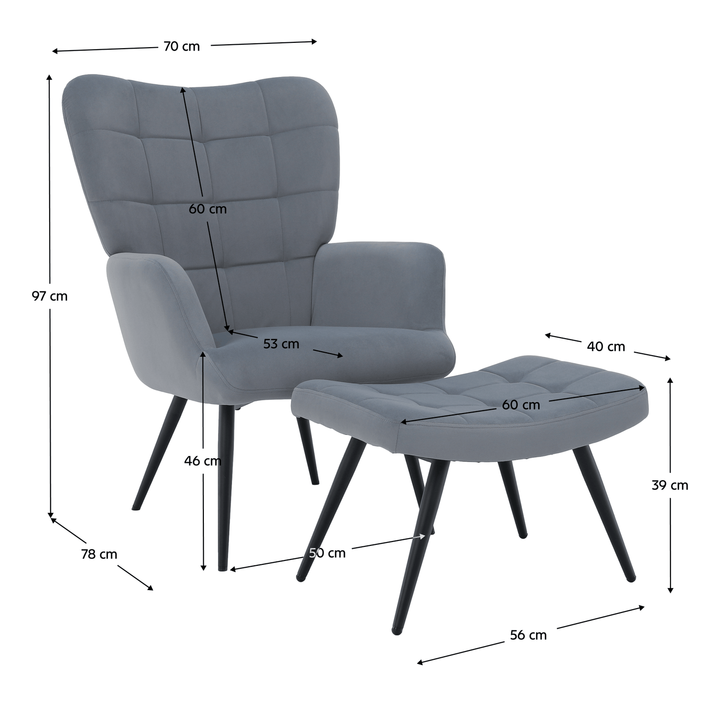Fotoliu cu suport pentru picioare, ţesătură Velvet gri/negru, HABEN