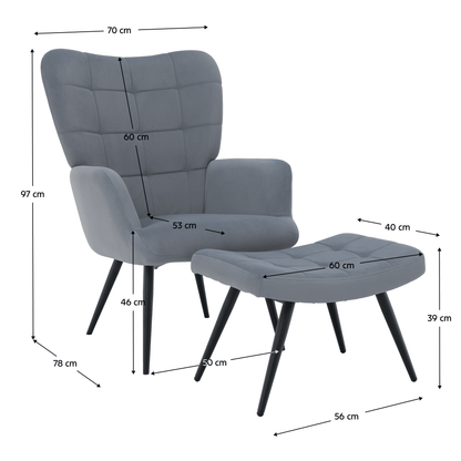 Fotoliu cu suport pentru picioare, ţesătură Velvet gri/negru, HABEN
