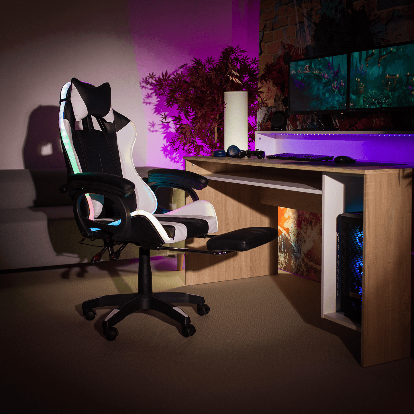 Scaun de birou/joc cu iluminare LED RGB, negru/alb, JOVELA