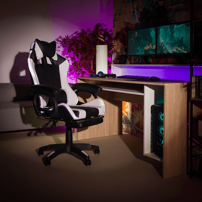 Scaun de birou/joc cu iluminare LED RGB, negru/alb, JOVELA