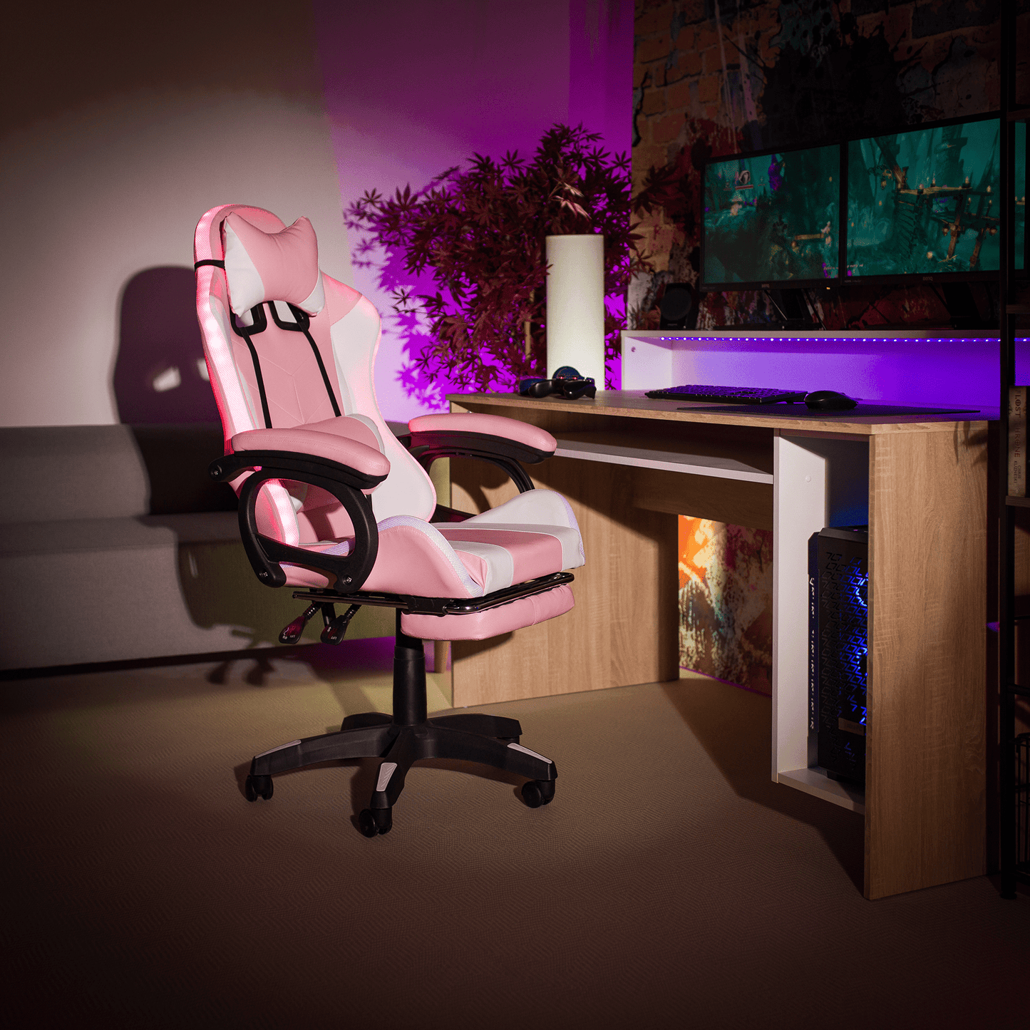 Scaun de birou/joc cu iluminare LED RGB, roz/alb, JOVELA