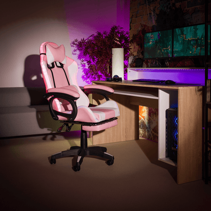 Scaun de birou/joc cu iluminare LED RGB, roz/alb, JOVELA