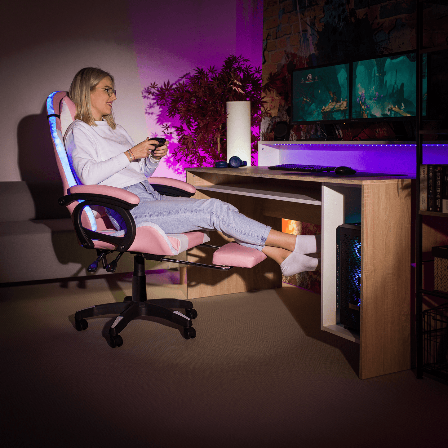 Scaun de birou/joc cu iluminare LED RGB, roz/alb, JOVELA