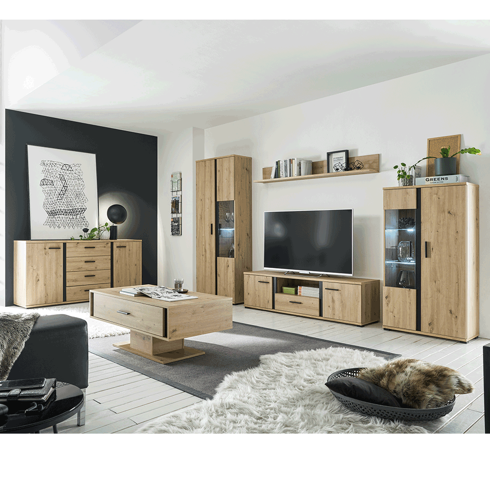 Perete living, stejar artizan / negru, KANODE