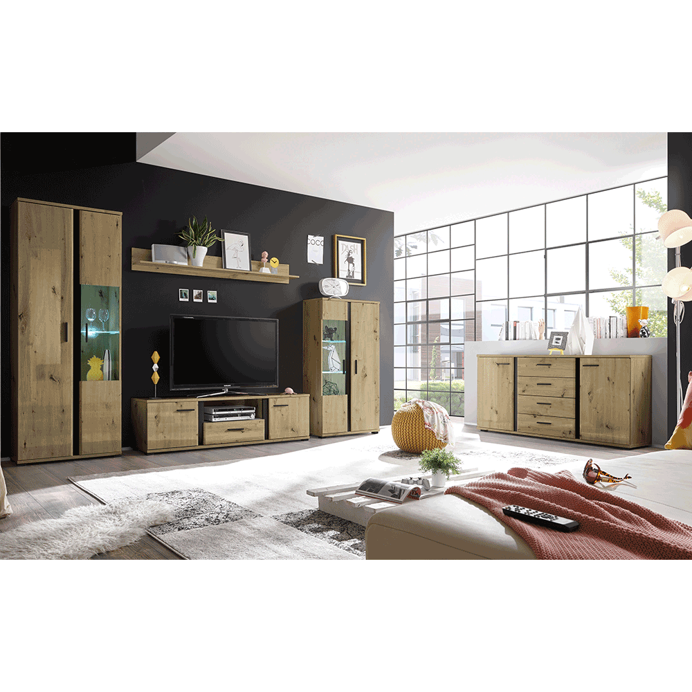Perete living, stejar artizan / negru, KANODE