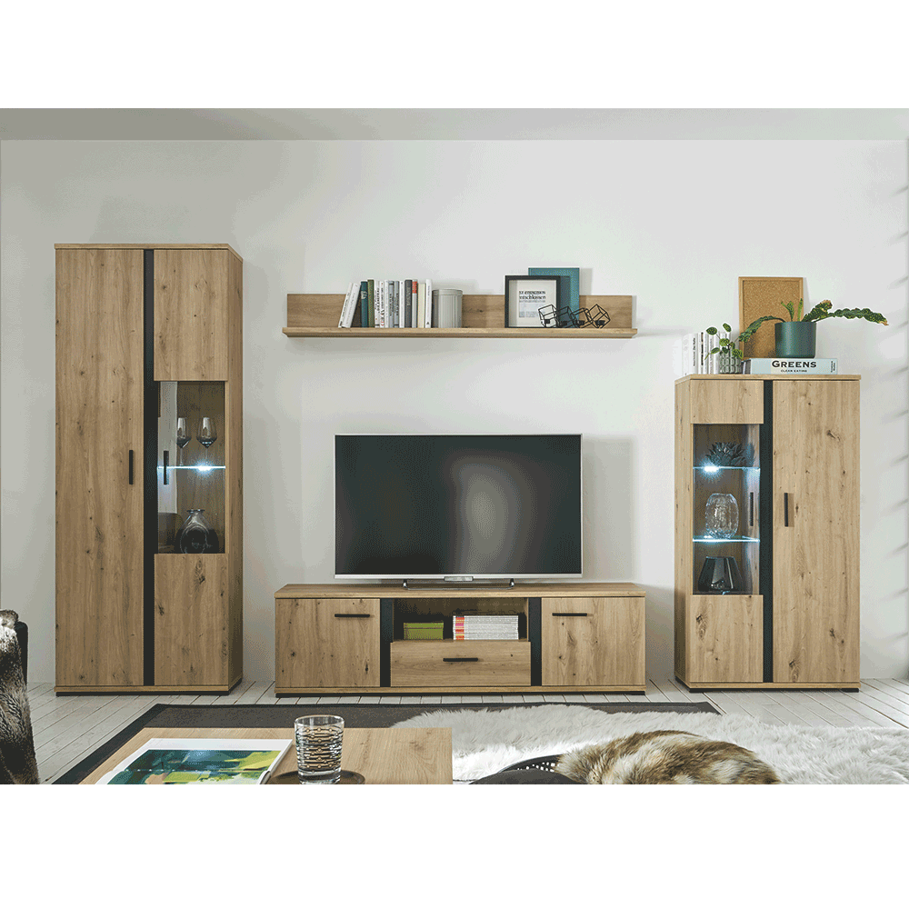 Perete living, stejar artizan / negru, KANODE