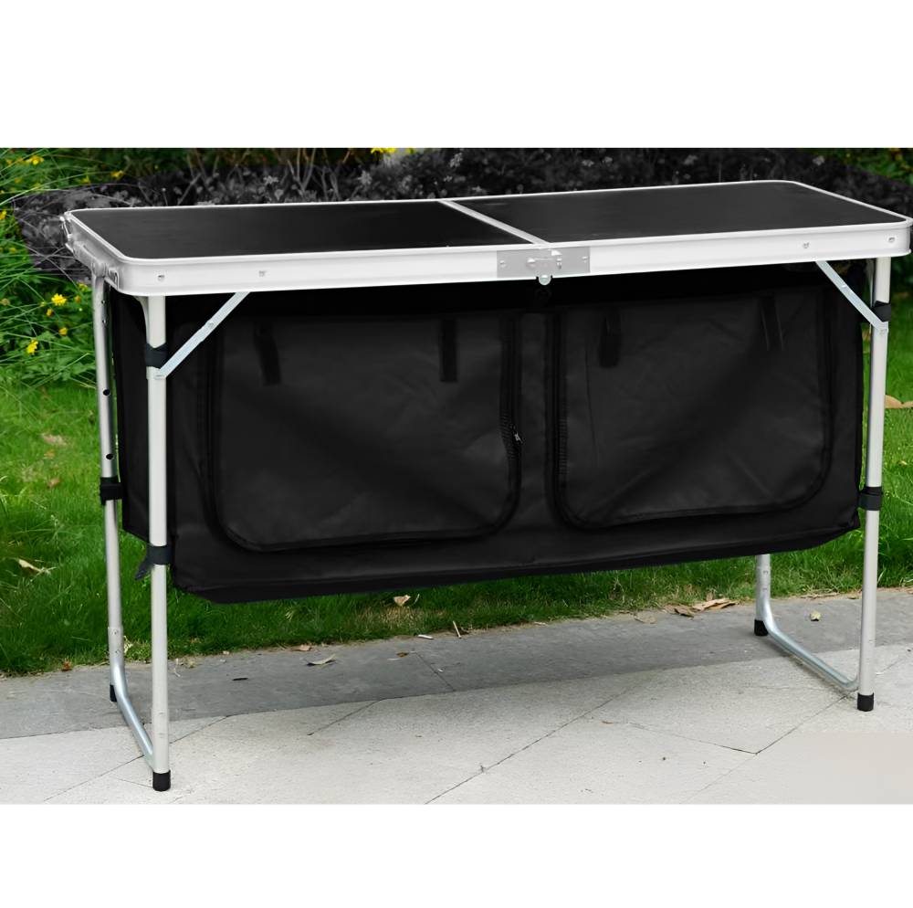 Masă de camping pliabilă cu organizator, 120 cm, aluminiu/MDF, KEPI TYP 3