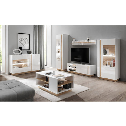 Comodă cu sticlă, alb/stejar grandson/alb lucios, CITY