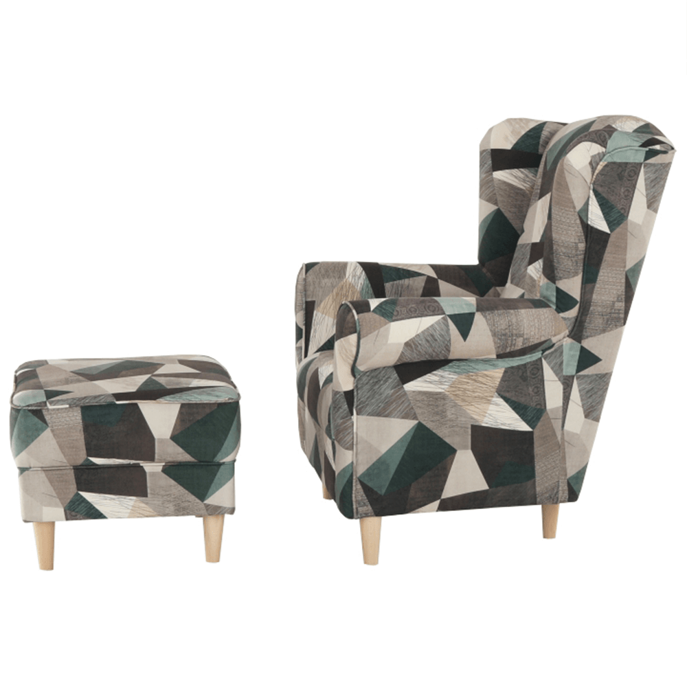 Fotoliu cu taburet, material maro-verde cu model, ASTRID