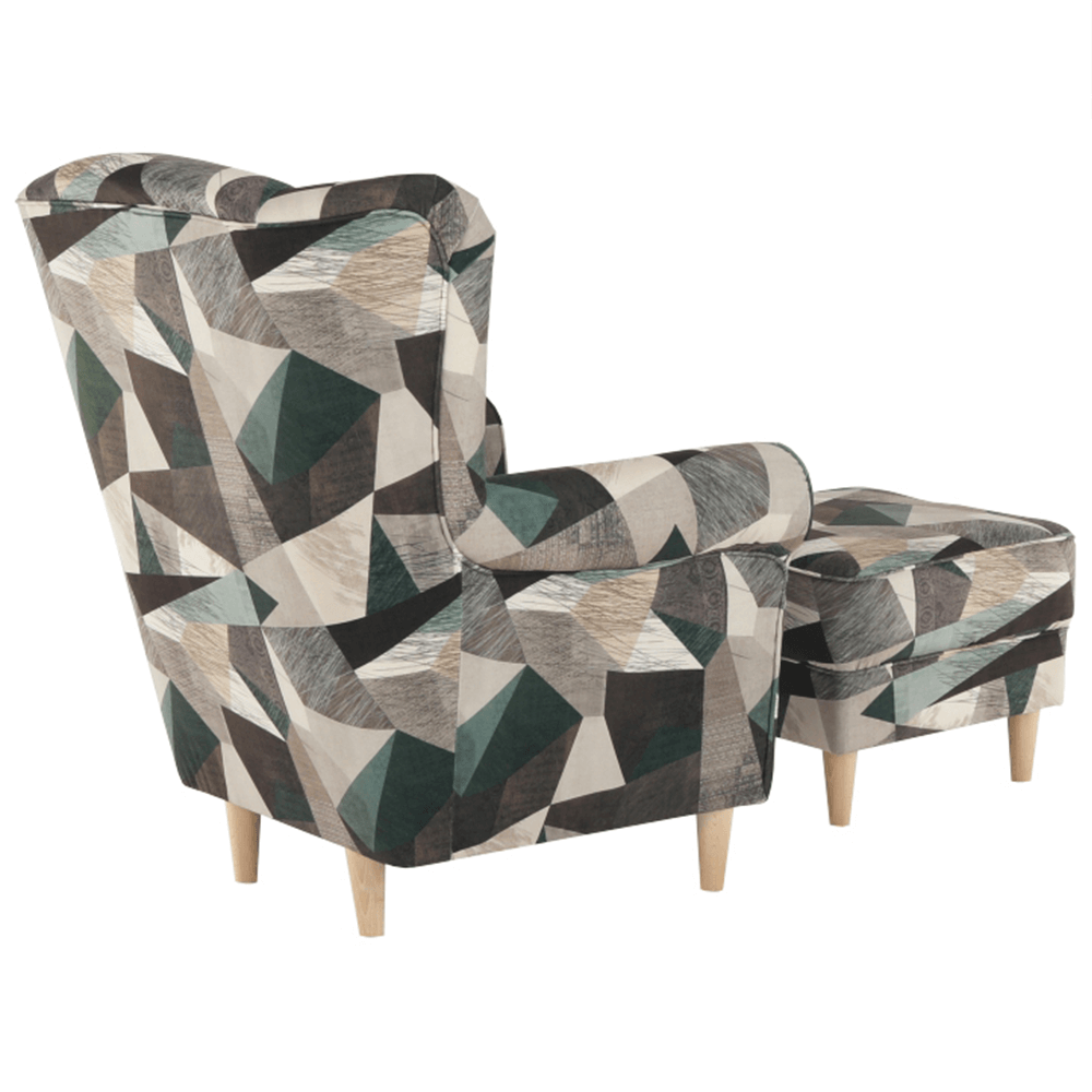 Fotoliu cu taburet, material maro-verde cu model, ASTRID