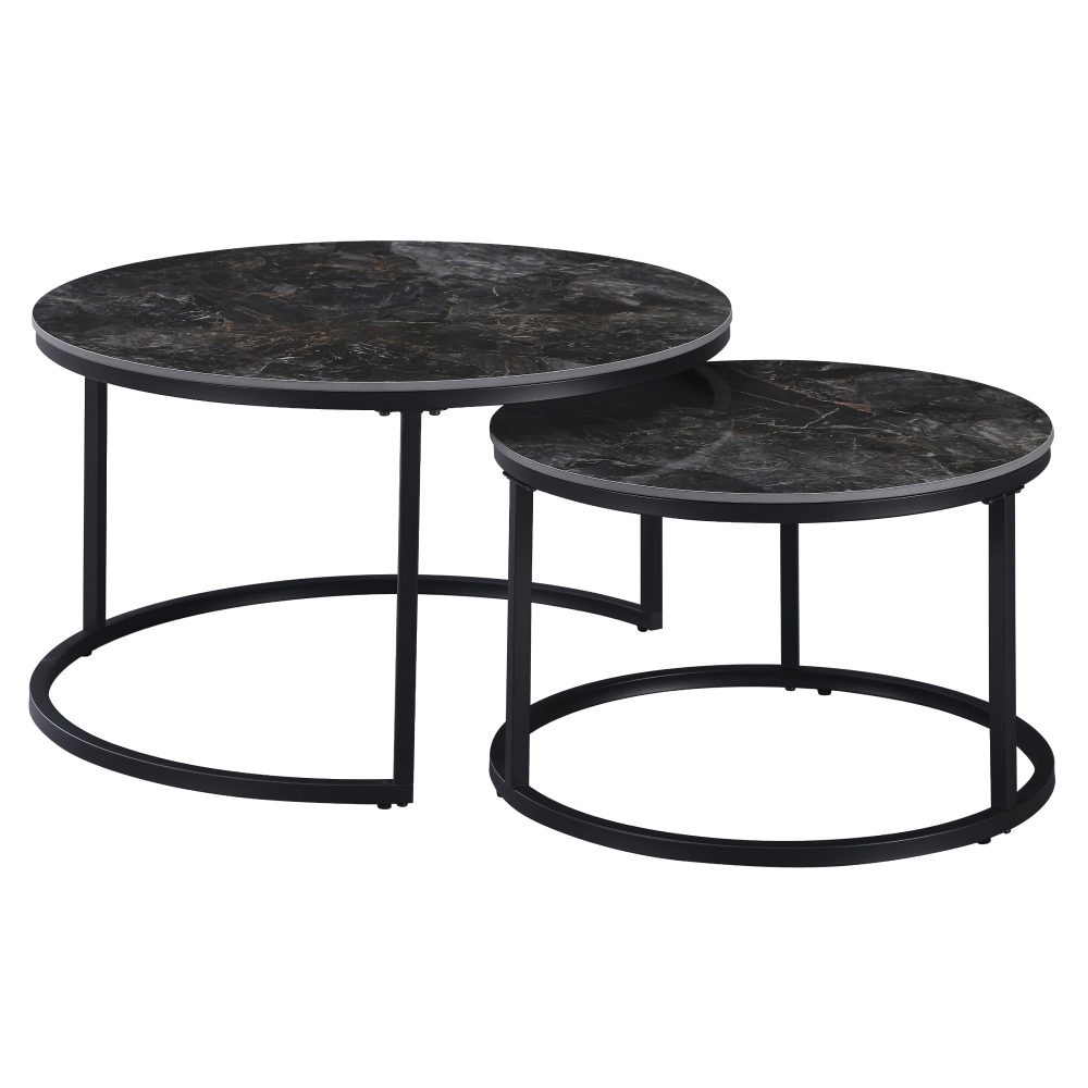 Măsuţe de cafea, set de 2, marmură negru/oţel negru, LASTRO