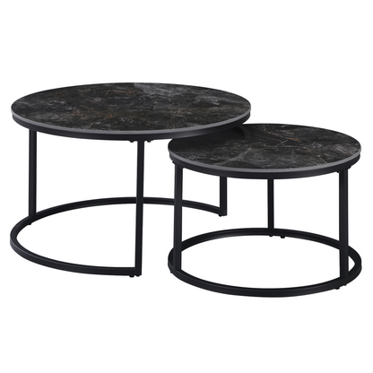 Măsuţe de cafea, set de 2, marmură negru/oţel negru, LASTRO