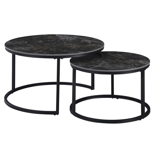 Măsuţe de cafea, set de 2, marmură negru/oţel negru, LASTRO