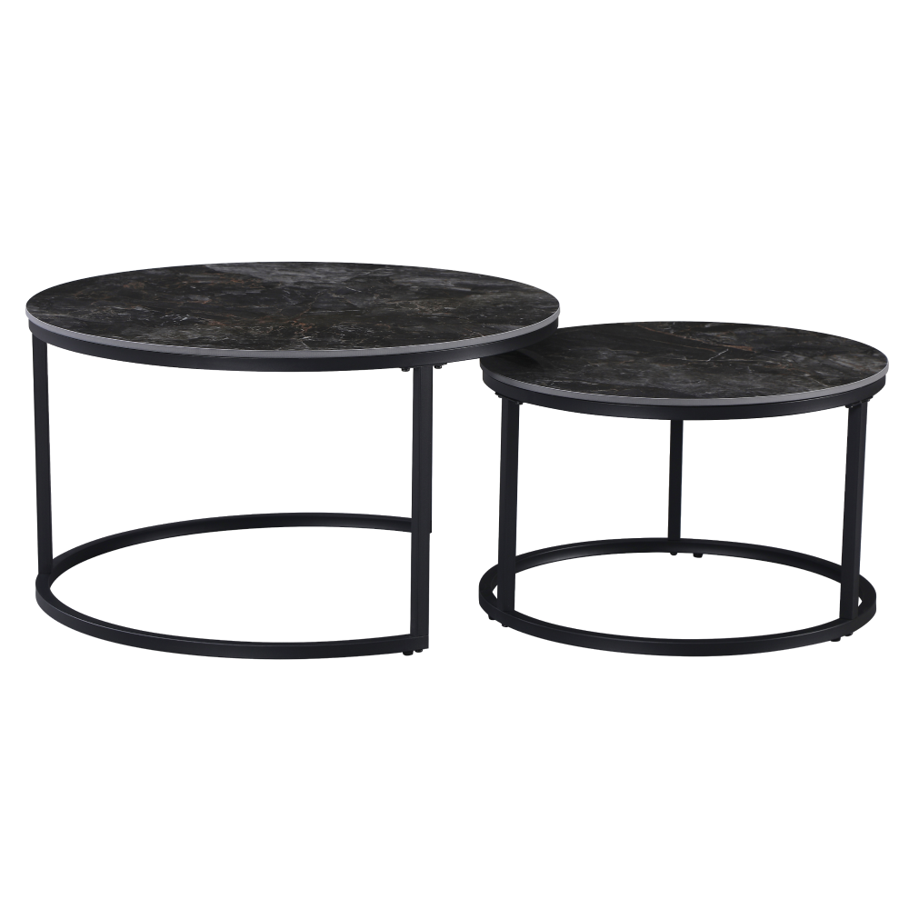 Măsuţe de cafea, set de 2, marmură negru/oţel negru, LASTRO