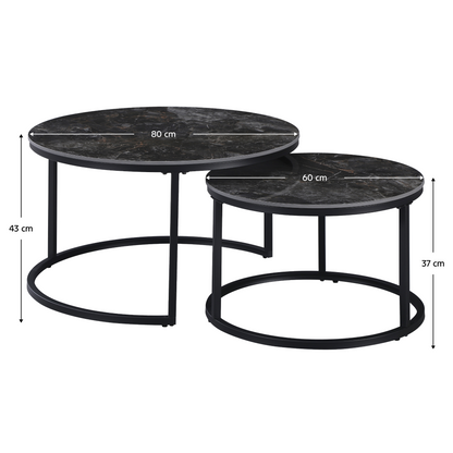 Măsuţe de cafea, set de 2, marmură negru/oţel negru, LASTRO