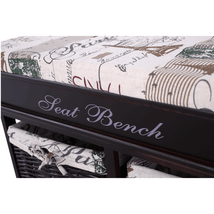 Bancă cu  pernă, 2 coşuri de răchită, maro închis/bej/imprimeu, SEAT BENCH 3