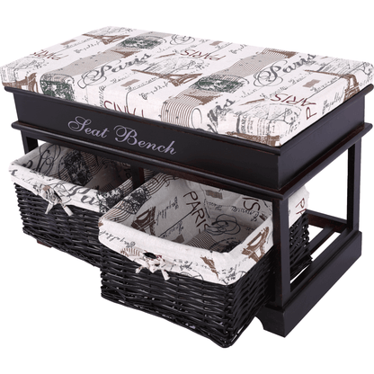 Bancă cu  pernă, 2 coşuri de răchită, maro închis/bej/imprimeu, SEAT BENCH 3
