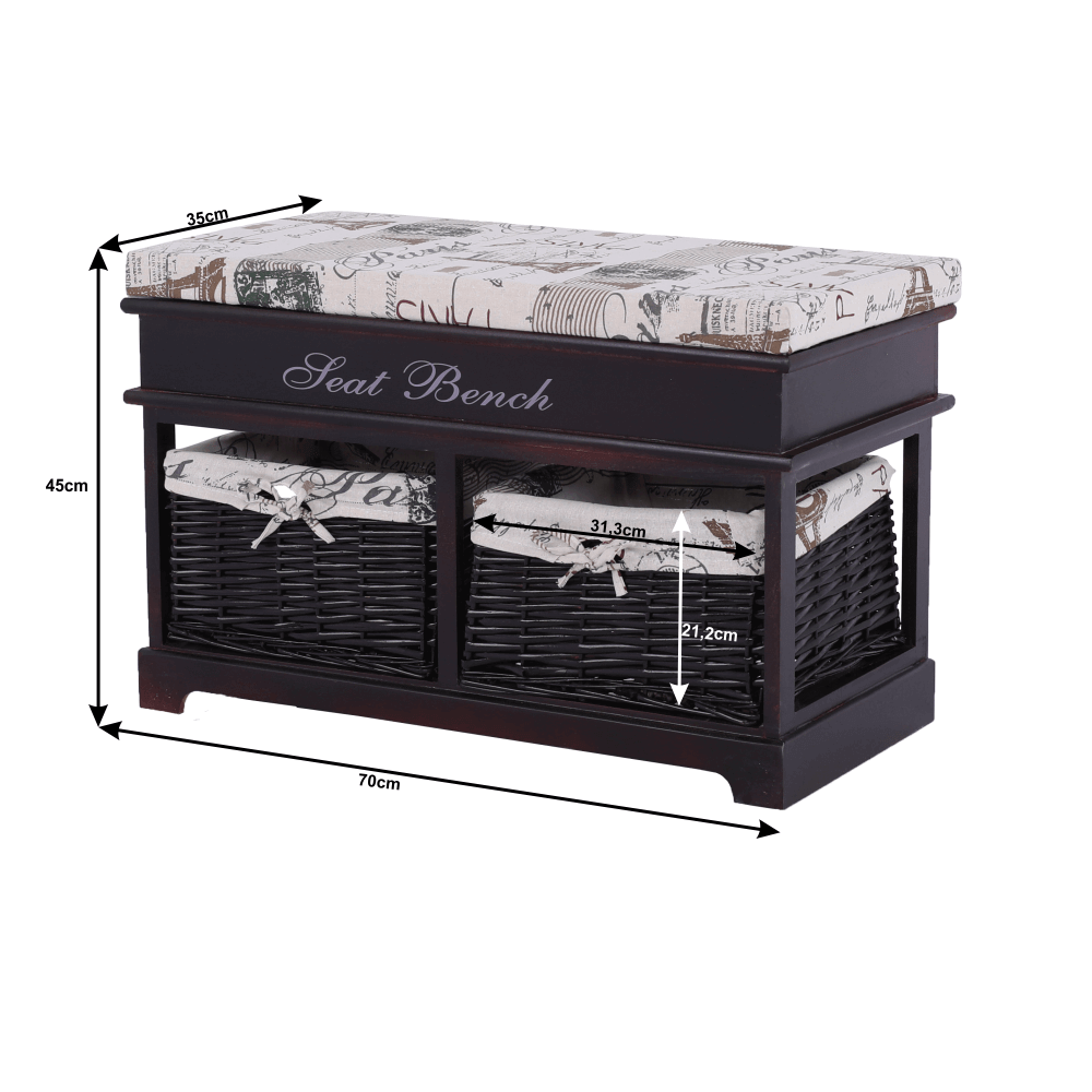 Bancă cu  pernă, 2 coşuri de răchită, maro închis/bej/imprimeu, SEAT BENCH 3