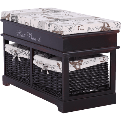 Bancă cu  pernă, 2 coşuri de răchită, maro închis/bej/imprimeu, SEAT BENCH 3