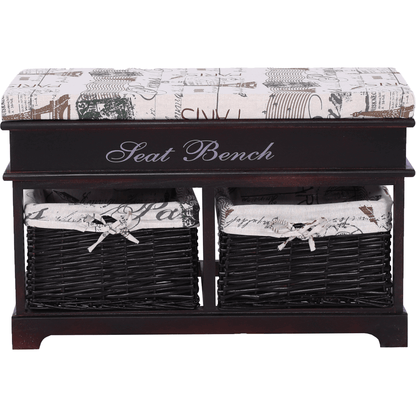 Bancă cu  pernă, 2 coşuri de răchită, maro închis/bej/imprimeu, SEAT BENCH 3