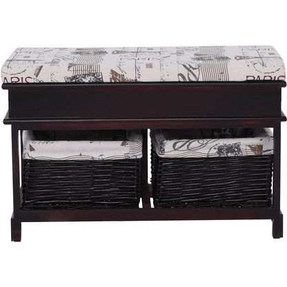 Bancă cu  pernă, 2 coşuri de răchită, maro închis/bej/imprimeu, SEAT BENCH 3