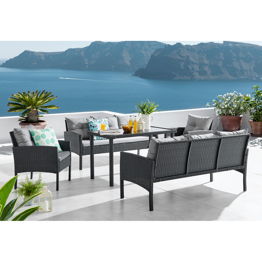 Set de grădină din ratan, 5 piese, negru / gri, LERON