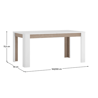 Masă dining extensibilă, alb extra lucios HG / stejar Sonoma închis / trufă, 160-200x90 cm, LYNATET TIP 75