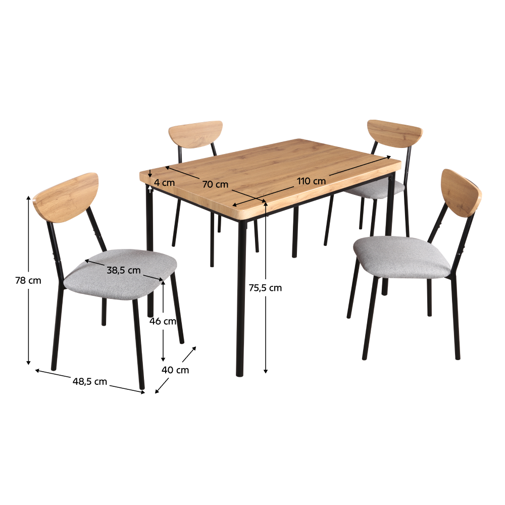 Set de sufragerie 1+4, stejar deschis/gri/negru, MADIO