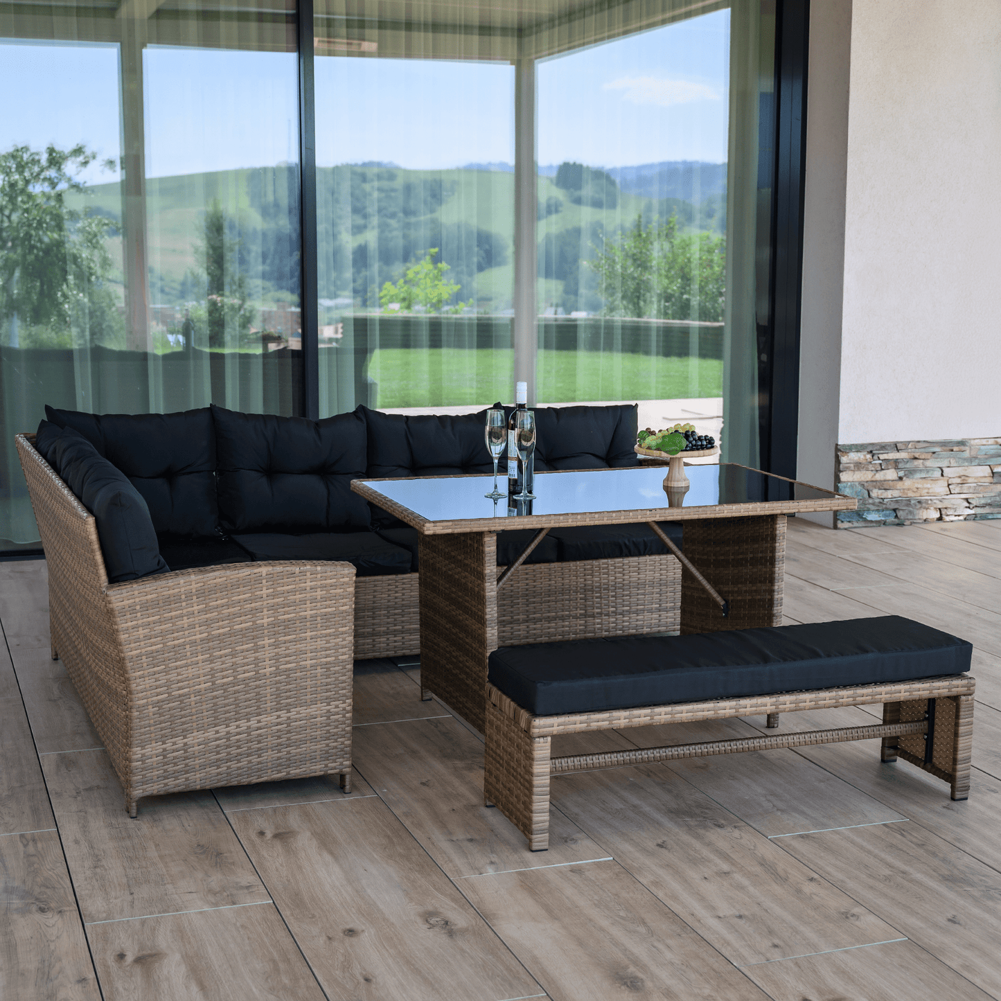Set de grădină din ratan, maro deschis / negru, MADUL