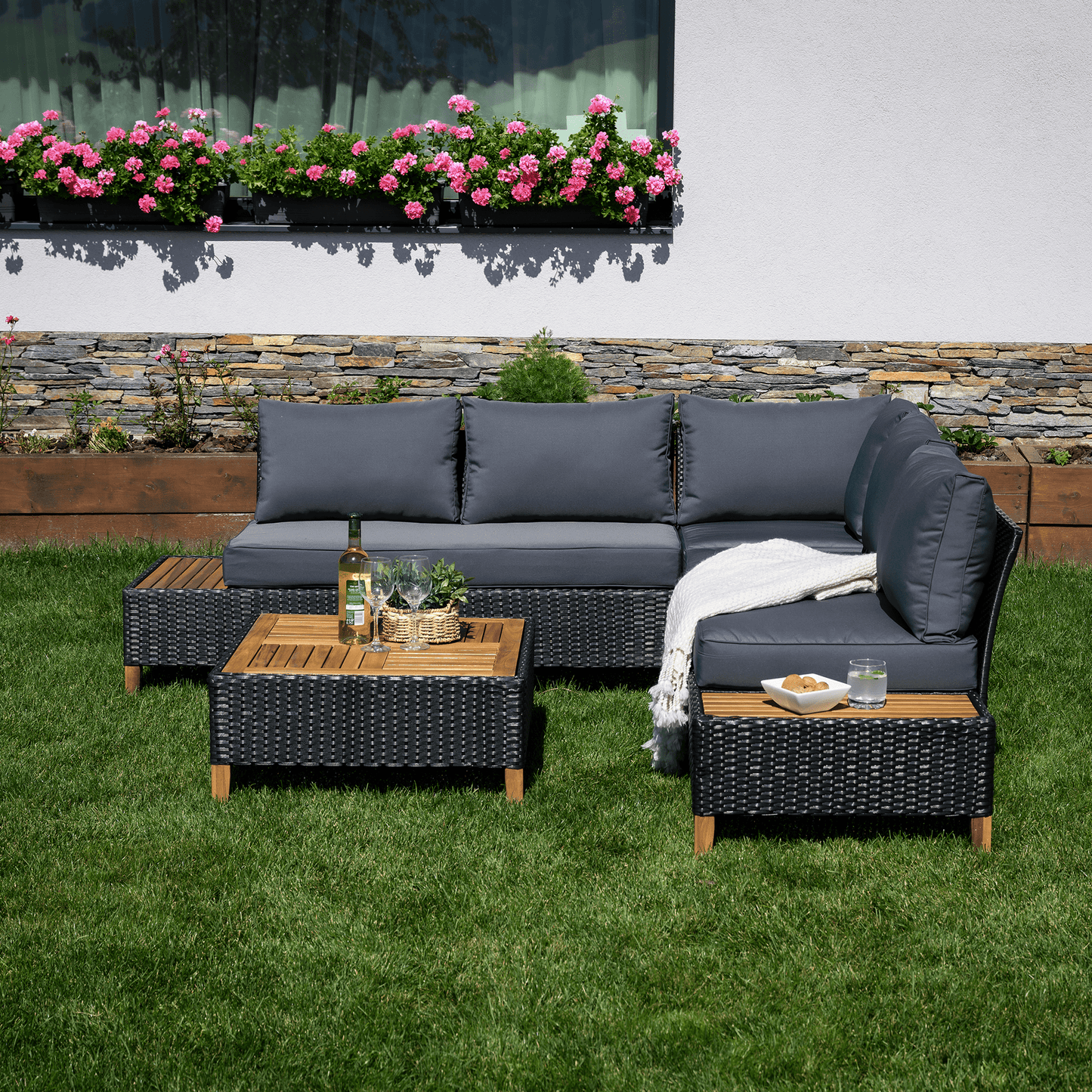 Set de grădină din ratan, lemn de salcâm, negru/gri/natural, MALKOM