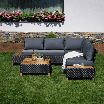 Set de grădină din ratan, lemn de salcâm, negru/gri/natural, MALKOM